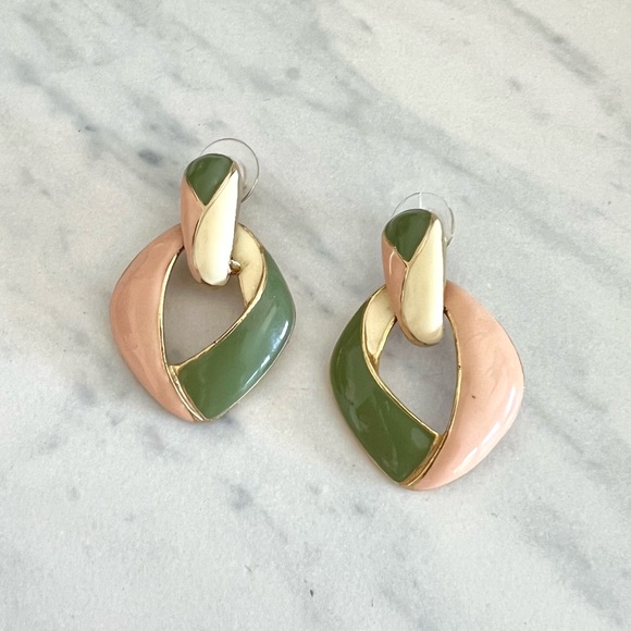 Vintage Jewelry - Vintage Peach and Green Enameled Post Earrings